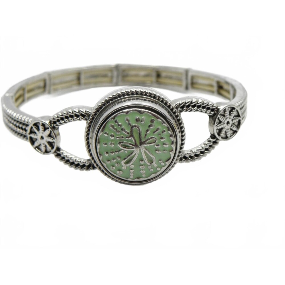 Coastal Elastic Panel Bracelet Silver Tone Green Enamel Sand Dollar Ocean Beach